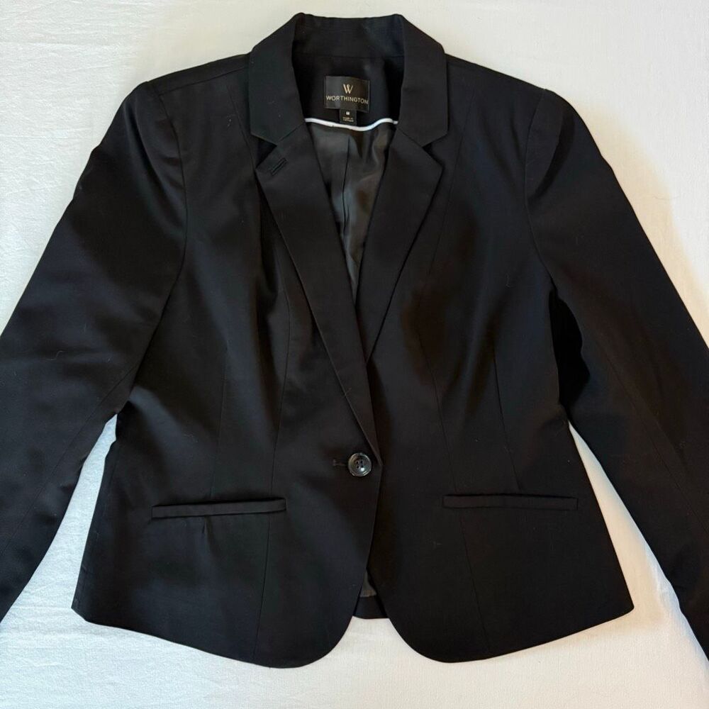 Worthington Black Blazer | Women’s Medium | One Button | Lined Career Jacket